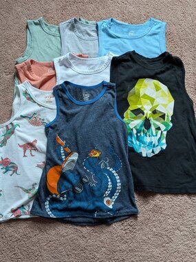 8 Tank tops and 2 Swim suits Boy Size 7/8 Skull Dino Octopus Palm Trees